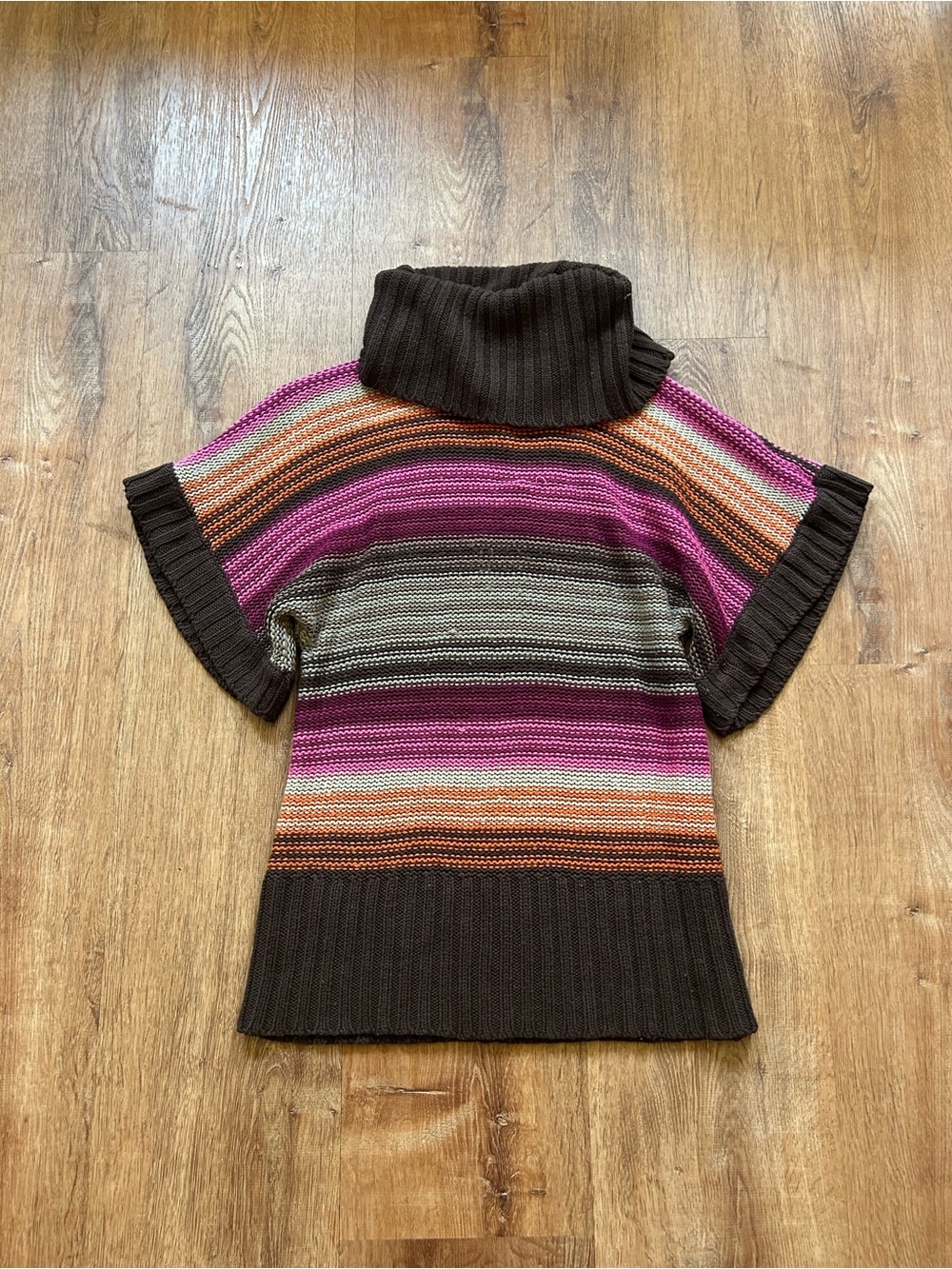 Y2K Chunky Turtleneck Short-Sleeve Sweater in Brown & Pink Stripes